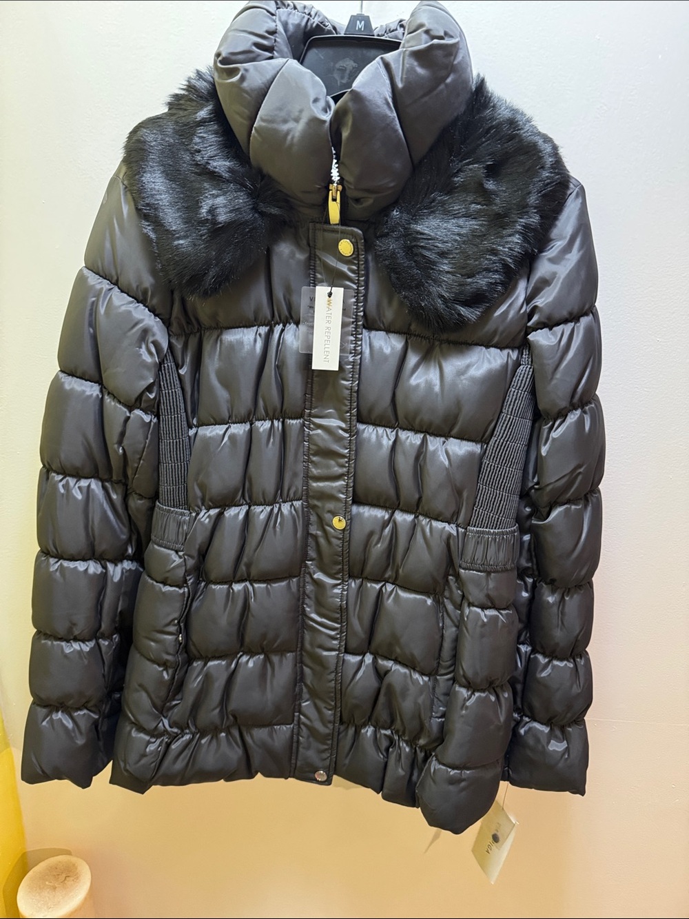 Via Spiga Black Quilted Puffer Jacket with Faux-Fur Collar
